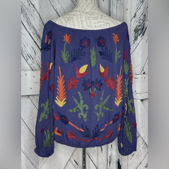 Laurie Felt Embroidered Boho Top Navy Women L - Picture 4 of 11